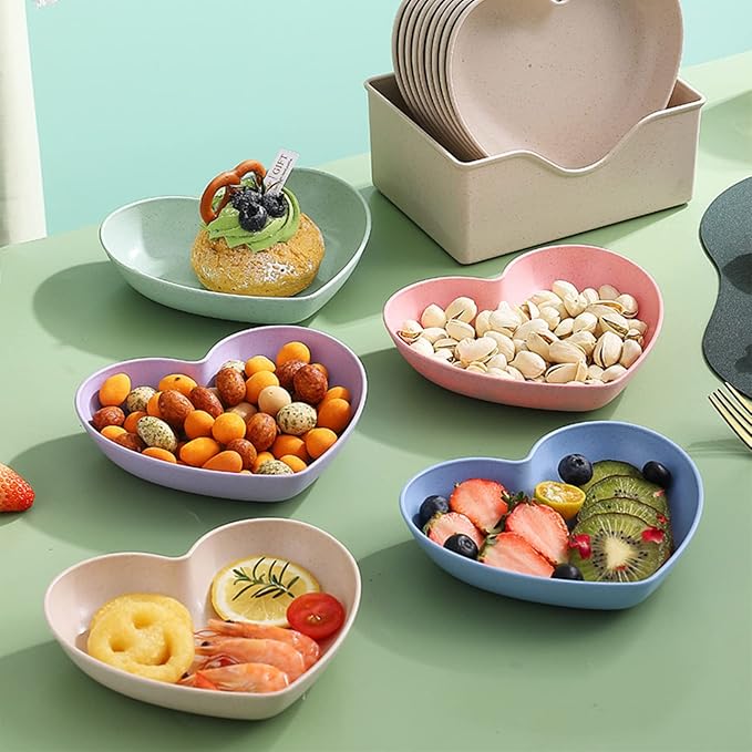 Incauca 5 Pack 6 Inch Heart Shape Mini Dipping Sauces Bowls, Unbreakable Wheat Straw Small Snack Dessert Dishes, Salad Plates for Sushi Side Dish Fruit Appetizer Cake, Beige