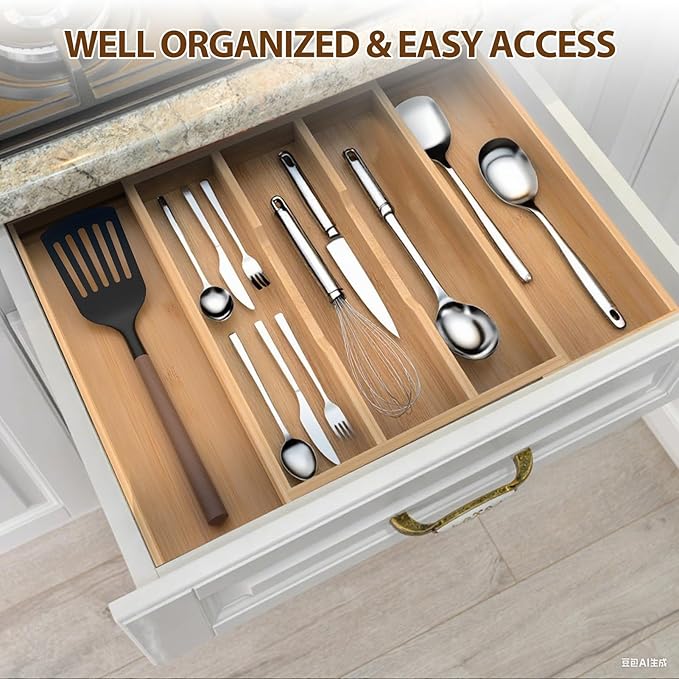 Bamboo Expandable Kitchen Drawer Organizer, 3-5 Slots Drawer Organizer