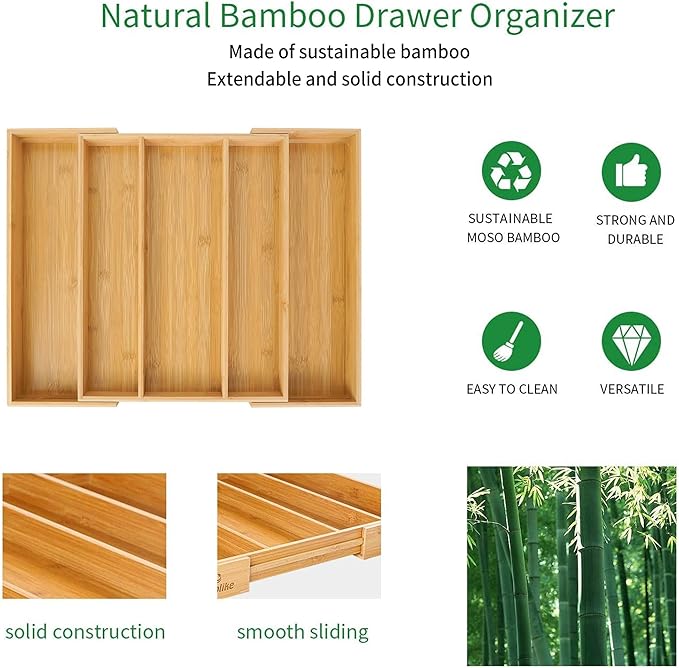 Utoplike Bamboo Expandable Kitchen Drawer Organizer, Adjustable Utensil Holder