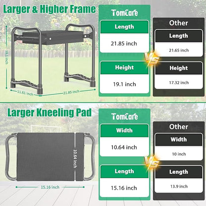 TomCare Garden Kneeler and Seat 10.64” Wider Larger Soft Kneeling Pad Garden Bench with 2 Large Tool Pouches Heavy Duty Garden Stool Foldable Tools Gardening Gifts for Women Men Gardeners,Grey