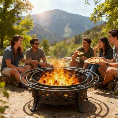 Panovue 36 Inch Fire Pit with 2 Loops,Crossweave Wood Burning Fire Pits for Outside,with Spark Screen,Fire Poker,Round Outdoor Firepit for Patio,Yard,Garden,Camping,Bonfire(36''Black)
