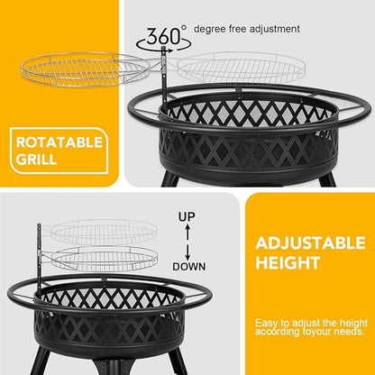 Panovue 38 Inch Wood Burning Fire Pit for Outside, Round Firepit with Grill & Metal Lid, Metal Outdoor Fire Pit Table for Patio Backyard Garden Bonfire Party