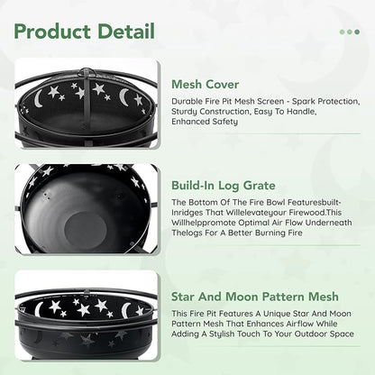 32 Inch Round Fire Pit with Mesh Cover, Fire Poker, Star and Moon Design, Metal Wood Burning Outdoor Firepit for Patio, Backyard, Garden, Bonfire Party,Perfect for Christmas, Thanksgiving, Halloween