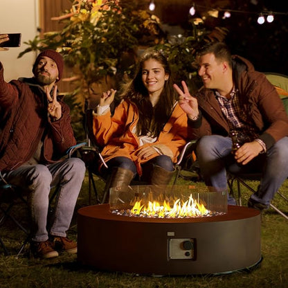 COSIEST Outdoor Propane Fire Pit Coffee Table w Bronze 42 inch Round Base Patio Heater, Certified, 50,000 BTU Stainless Steel Burner, Wind Guard, Transparent Gray Fire Glass, Waterproof Cover