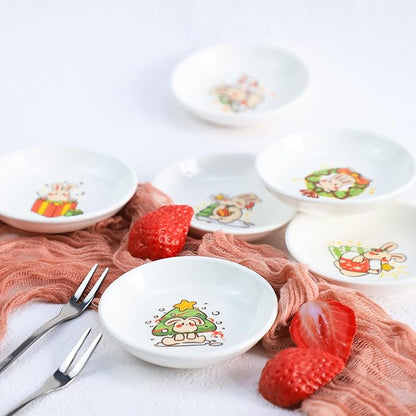 SOCOSY Cute Cartoon Christmas Rabbits Ceramic Sauce Dishes, Seasoning Dishes, Little Cat Dog Bird Feeding Bowls, Sushi Soy Dipping Bowls, Appetizer Plates, Dessert Plates-Rabbits-3.5 Inch, Set of 6