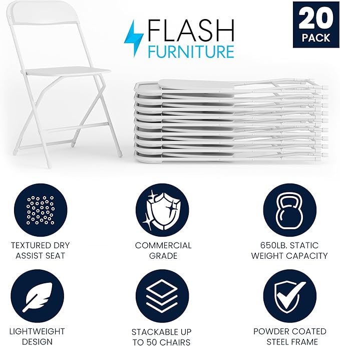 Flash Furniture Hercules Series Plastic Folding Chair - White - 20 Pack 650LB Weight Capacity Comfortable Event Chair-Lightweight Folding Chair