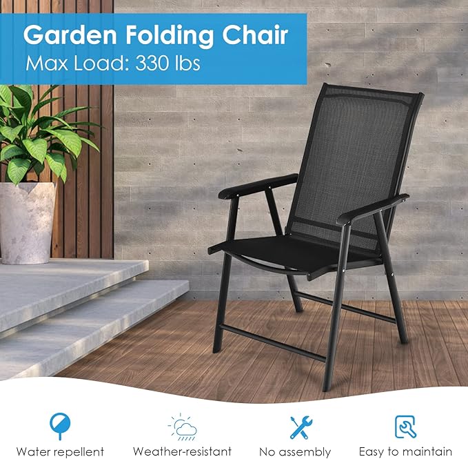 Giantex Set of 2 Patio Folding Chairs, Portable Outdoor Dining Chairs with Armrest for Porch Camping Pool Beach Deck Lawn Garden, Metal Frame, Black