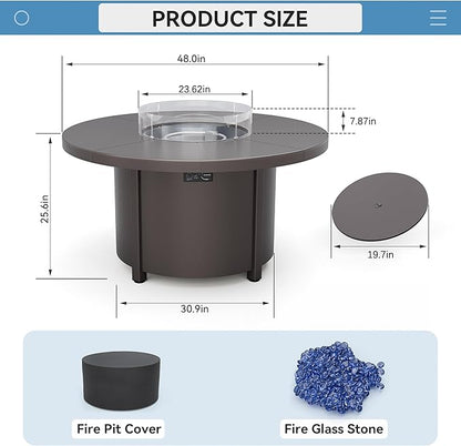 Kullavik 48" Round Propane Fire Pit Table,55000 BTU Auto-Ignitiongas Gas Fire Table with Fire Glass and Lid,Waterproof Cover and Blue Glass Stone for Patio,Balcony,Garden
