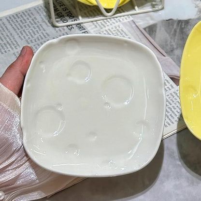 Cheese-Themed Ceramic 5.5in Small Appetizer Plates Set with Hoder,Square Plates for Dessert,Saucer,Microwave&Dishwasher Safe (cheese white)