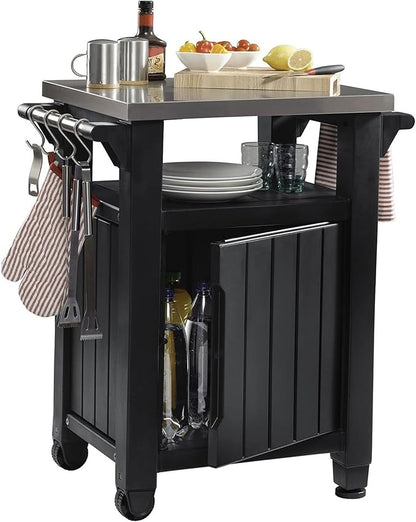Keter Unity Small 40 Gallon Grill Prep Table and Storage Cart, Grey – BBQ Station with Wheels and Stainless Steel Top, Portable Serving Stand for Patio, Deck, and Backyard