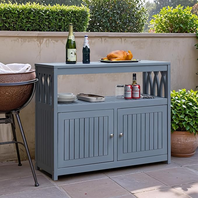 Flamaker Acacia Wood Cabinet with 2 Magnetic Doors - Weatherproof Outdoor Storage, Buffet, TV Stand, Bar, Potting Table (Grey)