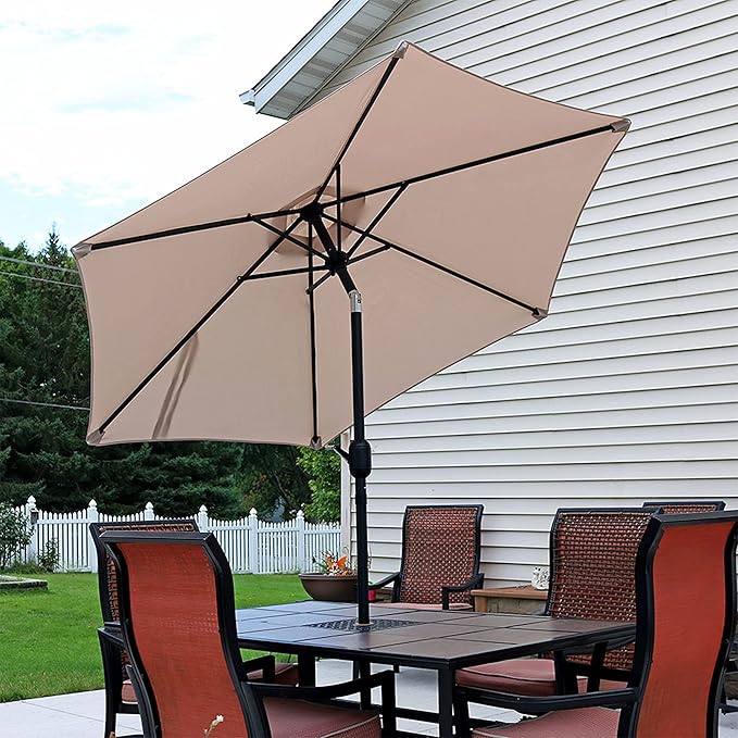 Sunnydaze Outdoor Patio Umbrella - Polyester Table Market Umbrella with Push-Button Tilt and Crank - 6 Sturdy Ribs - Beige - 7.5ft
