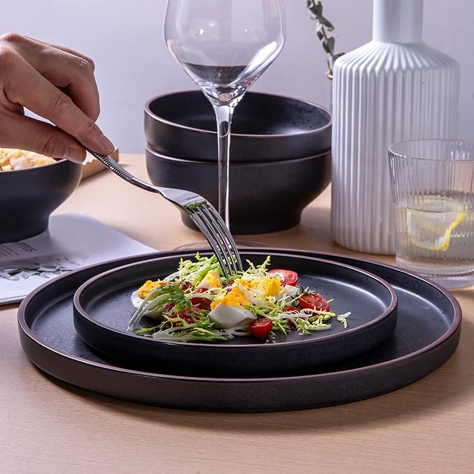 LERATIO Salad Plates,8.0 inch ceramic plates,Ceramic Salad Plates Set of 6,Modern Shape Dinnerware Dishes Set for Kitchen, Microwave & Dishwasher & Oven Safe,Matte Black with coffee rim
