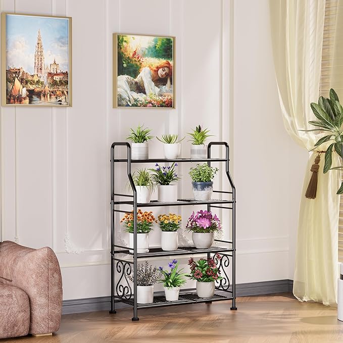 GIOTORENT Plant Stand Outdoor Indoor 4 Tier Metal Waterproof - 41.3" Plant Shelf for Patio, Balcony, Living Room, Large Capacity Tiered Plant Rack, Black