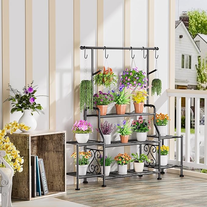 GIOTORENT 3-Tier Tall Metal Plant Stand Indoor Outdoor - Heavy Duty Plant Shelf for Garden, Patio, Balcony with 5 Hanging Hooks, Holds 16-25 Plants, Black