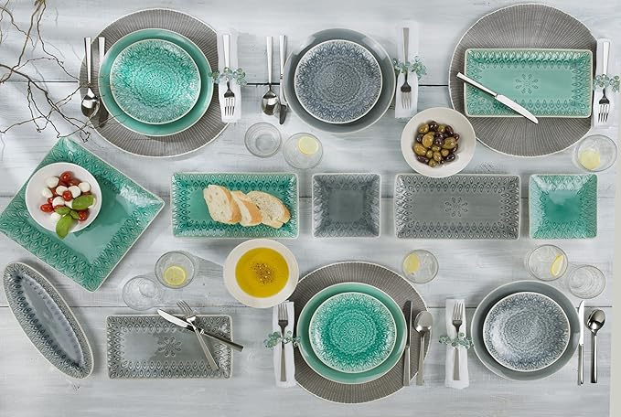 Euro Ceramica Peacock Stoneware 4-Piece 6.5''Square Appetizer Plate Set,Grey (PK-18512GRY)
