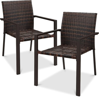 Best Choice Products Set of 2 Stackable Outdoor Wicker Dining Chairs All-Weather Firepit Armchair w/Armrests, Steel Frame for Patio, Deck, Garden, Yard - Brown