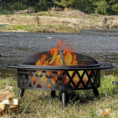 EcoNook 42 Inch Wood Burning Fire Pit with 2 Loops, Outdoor Fire Pit with Spark Screen & Fire Poker, Cross Weave Firepit for Outside Fireplace Bonfire for Yard,Patio, Garden