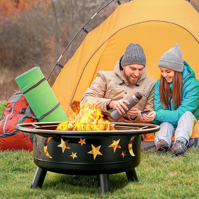 32 Inch Round Fire Pit with Mesh Cover, Fire Poker, Star and Moon Design, Metal Wood Burning Outdoor Firepit for Patio, Backyard, Garden, Bonfire Party,Perfect for Christmas, Thanksgiving, Halloween