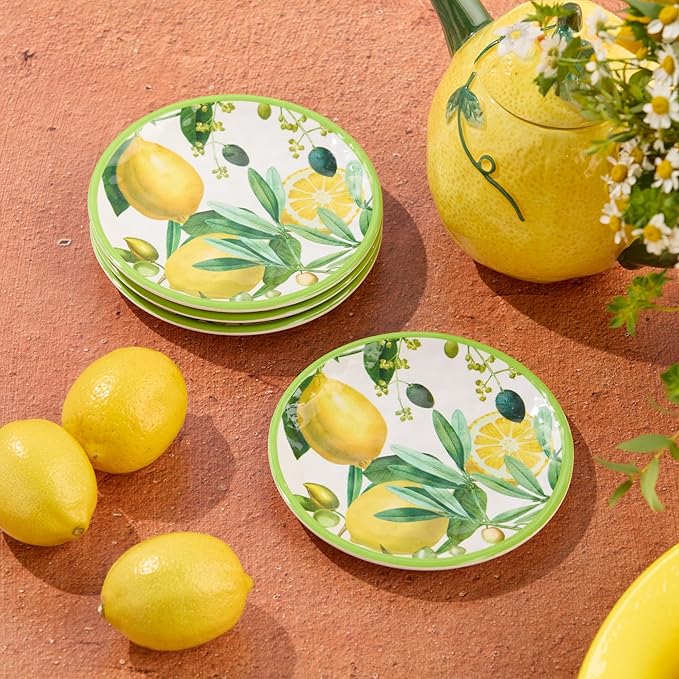 Limone 8-Piece Melamine Canapé Plate & Dip Bowl Set – Mediterranean Lemon & Olive Design, Perfect for Appetizers, Snacks, Dips & Desserts – Shatterproof, Chip-Resistant, Indoor/Outdoor Dining