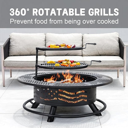 Panovue 42 Inch Fire Pit with 2 Cooking Grates, Outdoor Wood Burning BBQ Grill Firepit Bowl with Cover Lid, Steel Round Table for Backyard Bonfire Patio Picnic (Black, 42)