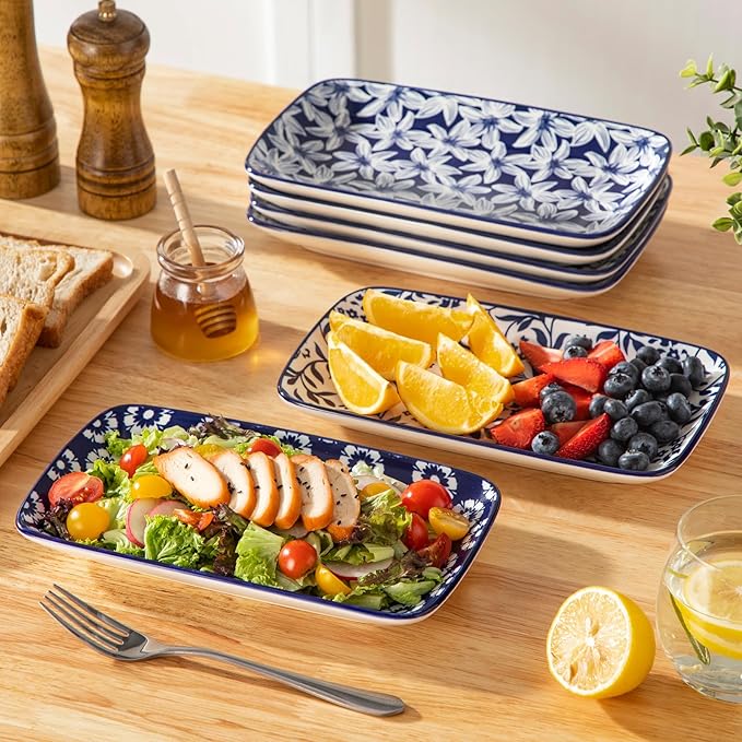 vancasso Selene 9.5 Inch Rectangular Dinner Plates Set of 6, Ceramic Salad Plates for Dessert, Appetizer, Porcelain Serving Platters for Entertaining, Microwave & Oven Safe, Vintage Blue & White Color