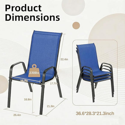 MAMIZO Patio Dining Chairs, Stackable All Weather Teslin Chair, Heavy Duty Outdoor Breathable Chairs Set, w/Armrests, Upgraded Chair FeetW/Strenthened Iron Spacers, 330 LBS (8, Navy Blue)