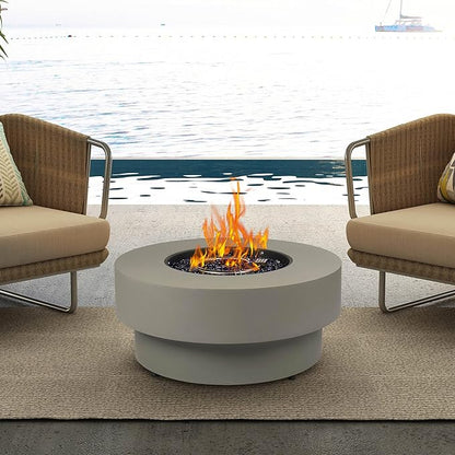 Propane Outdoor Fire Pit Table, Flint & Concrete Look 32.5-inch Round Patio Propane Fire Table 50,000 BTU w/Lid, Glass Rocks, Cover, Pre-Attached 10ft Hose
