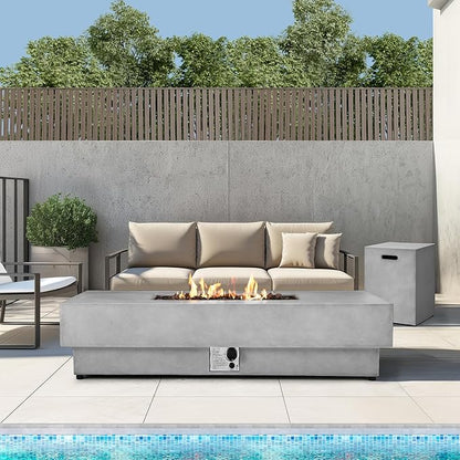 SiTimmGer 60-inch Outdoor Propane Fire Pit Coffee Table with Tank Cover, 50,000 BTU Concrete Rectangle Modern Outside Fire Table, Auto-Ignition, Included Lava Rocks, Metal Lid & Waterproof Cover