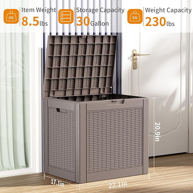 30 Gallon Resin Deck Box, Lockable Patio Outdoor Storage Box for Furniture, Garden Tools and Tools Storage, Waterproof Outside Storage Boxes - Grey