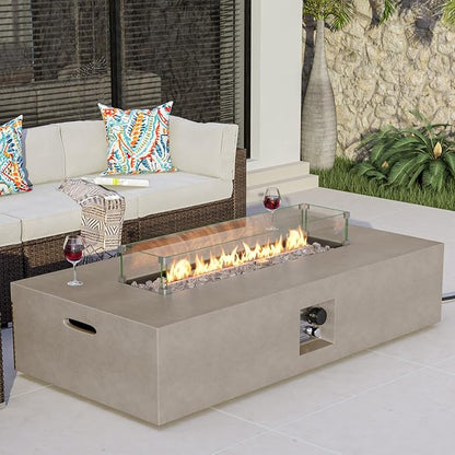COSIEST Outdoor Propane Fire Pit Table, 56-inch x 28-inch Rectangle Gray Concrete-Like Finish, Certified, 50,000 BTU Stainless Steel Burner w Transparent Gray Fire Glass, Wind Guard, Raincover