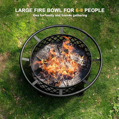 Panovue 38 Inch Wood Burning Fire Pit for Outside, Round Firepit with Grill & Metal Lid, Metal Outdoor Fire Pit Table for Patio Backyard Garden Bonfire Party