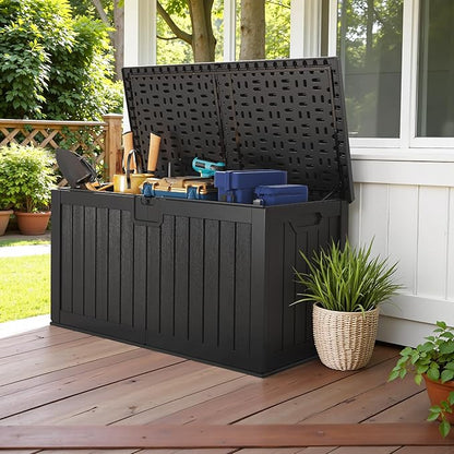 Devoko 240 Gallon Double-Wall Deck Box with Divider, Side Handles, Resin Outdoor Large Storage Box Waterproof and Lockable for Patio Furniture, Garden, Pool (Black)