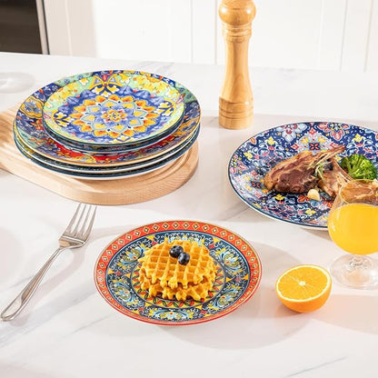 Sweejar Dinner Plates 10.5 Inch,Ceramic Large Plates Set of 6,Bohemian Style Colorful Plate Dishwasher and Microwave Safe Round Porcelain Dessert Plates for Kitchen