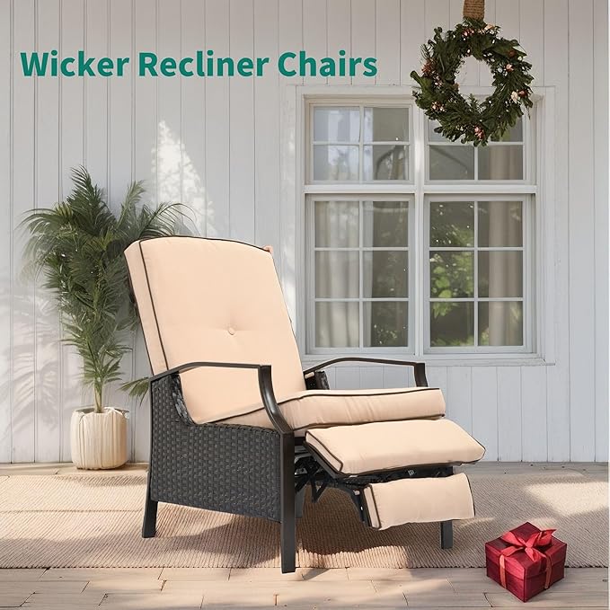 YITAHOME Outdoor Recliner Chair, 2-Piece Patio Adjustable Wicker Reclining Lounge Chairs, Dual-use Rattan Furniture Set with Soft Thick Cushions, Extended Footrest, Flip Back, Brown & Beige