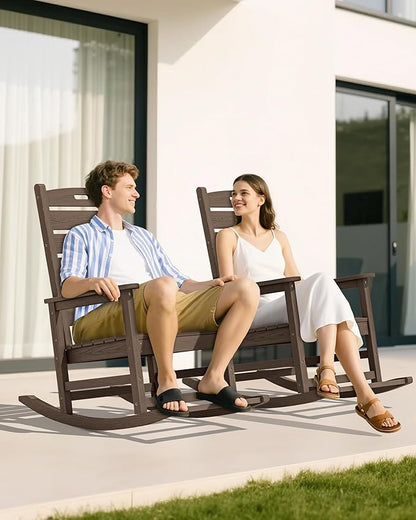 SERWALL Outdoor Rocking Chair, Oversized Rocking Chair with Footrest for Adults, HDPE All Weather Resistant Rocking Chairs for Patio, 350lbs Weight Capacity, Coffee