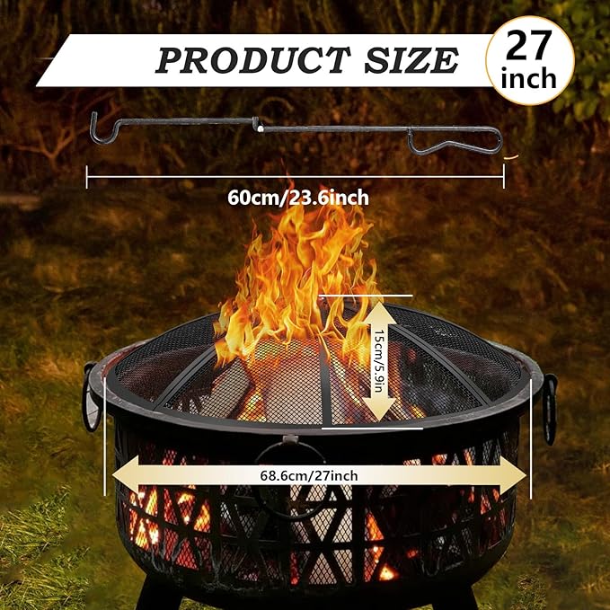 Fire Pit Spark Screen, 27 Inch Diameter Fire Pit Screen with Handle & Poker,Heavy Duty Metal Mesh Fire Pit Screen,Fire Pit Lid for Outdoor/Beach/RV Camping/Backyard