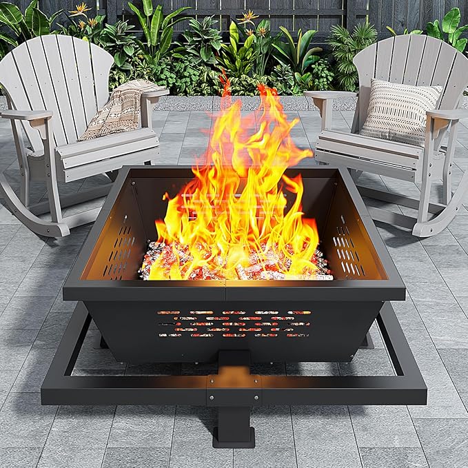 Auhilence 42" Large Fire Pit, Square Outdoor Fire Pit with Poker, Wood Burning FirePit for Camping, Backyard, Patio