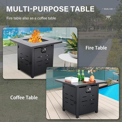 Propane Fire Pit 28 Inch Outdoor Fire Pit 50000 BTU Square Gas Fire Table with Steel Lid Blue Crystal Beads and Waterproof Cover for Outside Patio and Garden