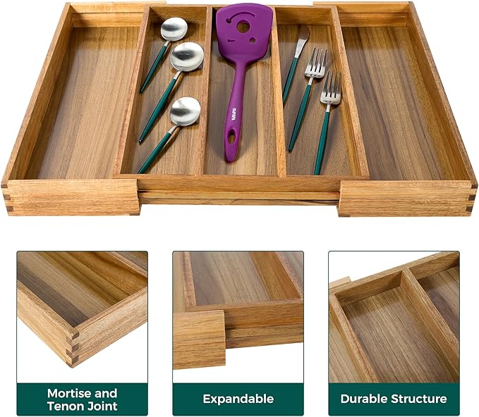 Utoplike Acacia Kitchen Drawer Organizer Expandable, Large Utensils and Cutlery