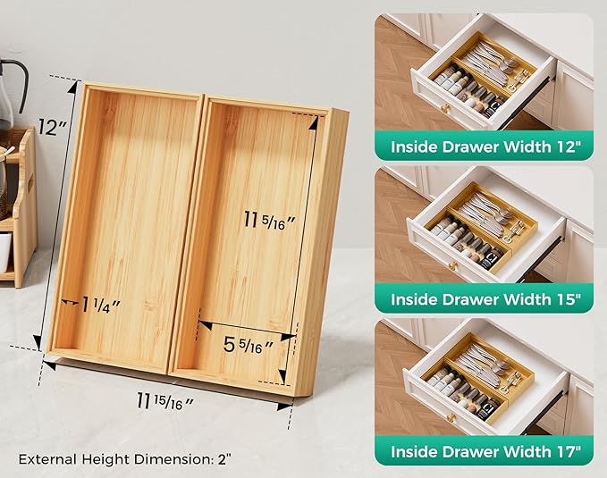 Bamboo Kitchen Drawer Organizer Boxes – 12" x 6" Stackable Wood Silverware