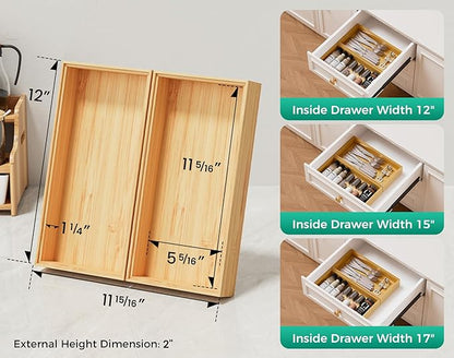 Bamboo Kitchen Drawer Organizer Boxes – 12" x 6" Stackable Wood Silverware