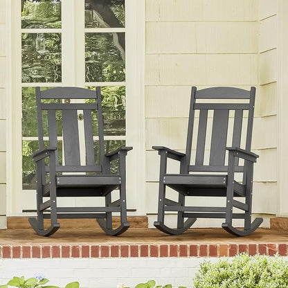 LUE BONA Outdoor Rocking Chairs Set of 2, Weather Resistant HDPS Poly Rocker Chairs, 350lb Heavy Duty, Oversized Porch Rocker for Adult, High Back Smooth Rocking Chairs for Outdoor & Indoor, Gray