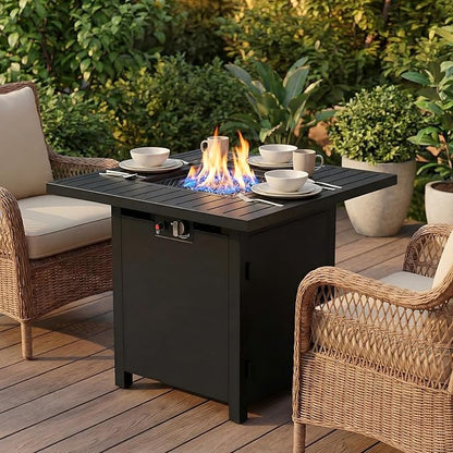 FansaFurn 30'' Propane Fire Pit Table, 50000 BTU Gas Fire Pits Table with Removable Lid and Lava Rock, Square Fire Table with Cover, Ideal for Dining or Party on Patio, Garden, Yard, Black