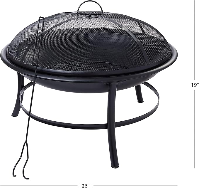 26-Inch Round Iron Outdoor Wood Burning Fire Pit with Spark Screen & Poker, Portable for Patio, Backyard, and Camping