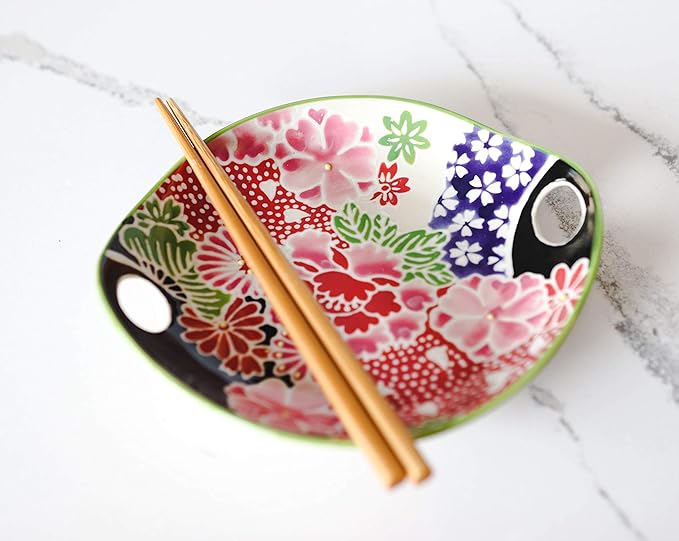 Ebros Pink Sakura Cherry Floral Blossoms Appetizer Snack Serving Coupe Plate Dish With Chopsticks And Built In Rest Set 7"L Small Flat Bowl For Hors D'oeuvres Sushi Ice Cream Serveware Plates (2)