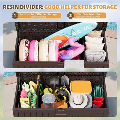 Flamaker Resin Deck Box 250 Gallon, Waterproof Imitation-Wood Lockable Storage Box with Separator Plate Outdoor Indoor, Garden, Patio Furniture for Tools&Pool Accessories (Deep Brown)