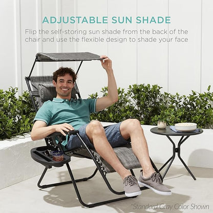 Best Choice Products 30” Wide Folding Zero Gravity Outdoor Recliner Patio Lounge Chair w/Adjustable Canopy Shade, Headrest, Side Accessory Tray - Peacock Blue