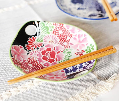 Ebros Pink Sakura Cherry Floral Blossoms Appetizer Snack Serving Coupe Plate Dish With Chopsticks And Built In Rest Set 7"L Small Flat Bowl For Hors D'oeuvres Sushi Ice Cream Serveware Plates (1)