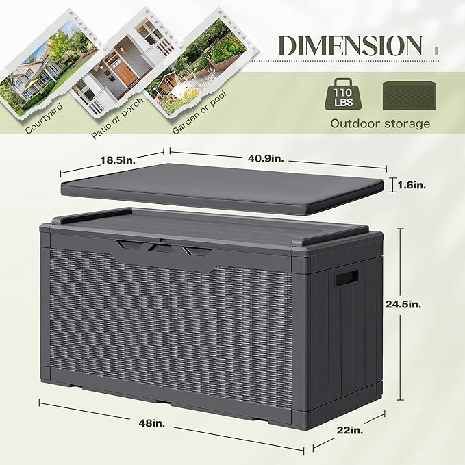 Greesum 100 Gallon Resin Deck Box Large Outdoor Storage with Cushions for Patio Furniture, Garden Tools, Pool Supplies, Weatherproof and UV Resistant, Lockable,Gray